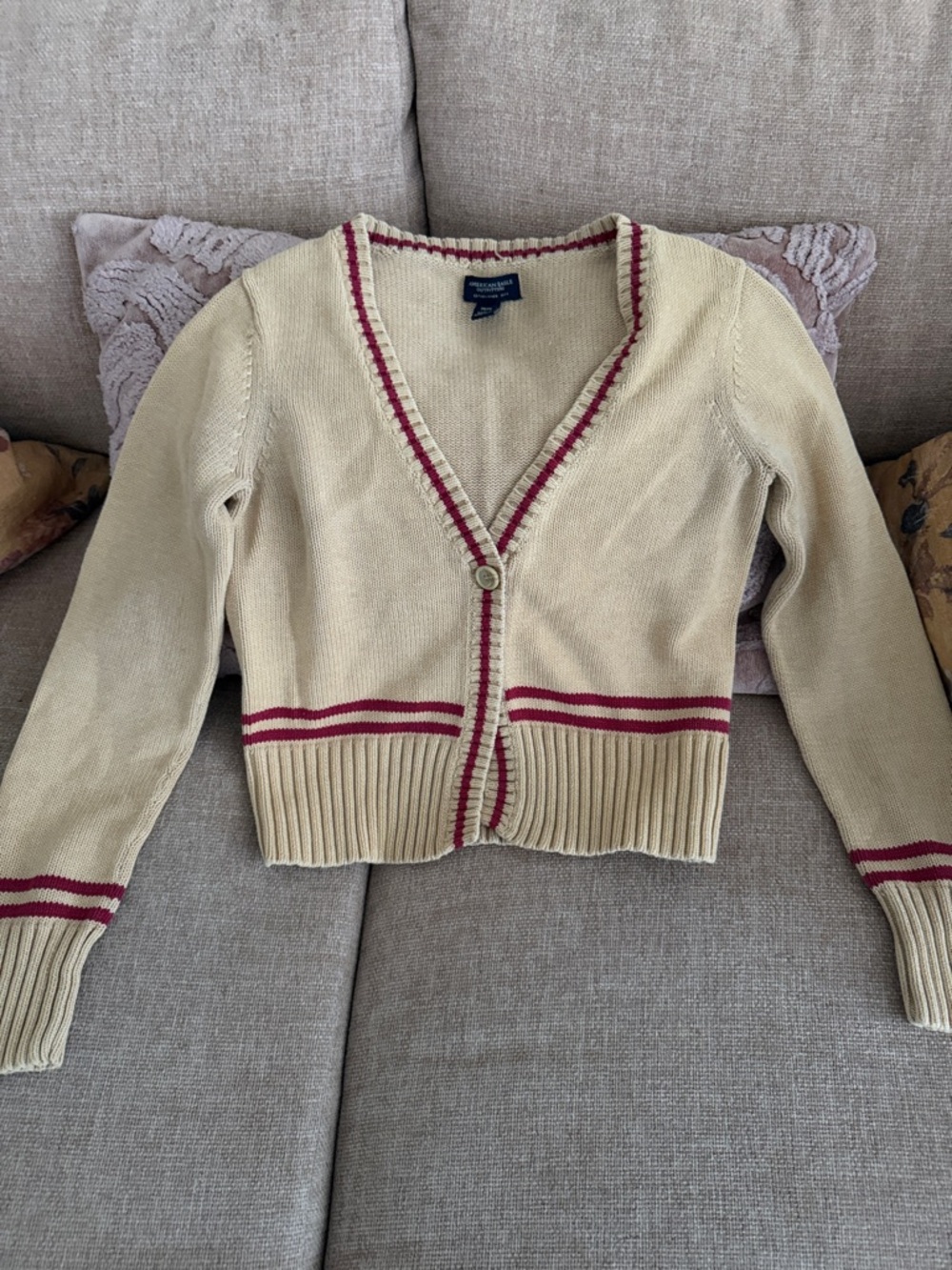 American Eagle Outfitters Cream V-Neck Cropped Cardigan with Red Trim